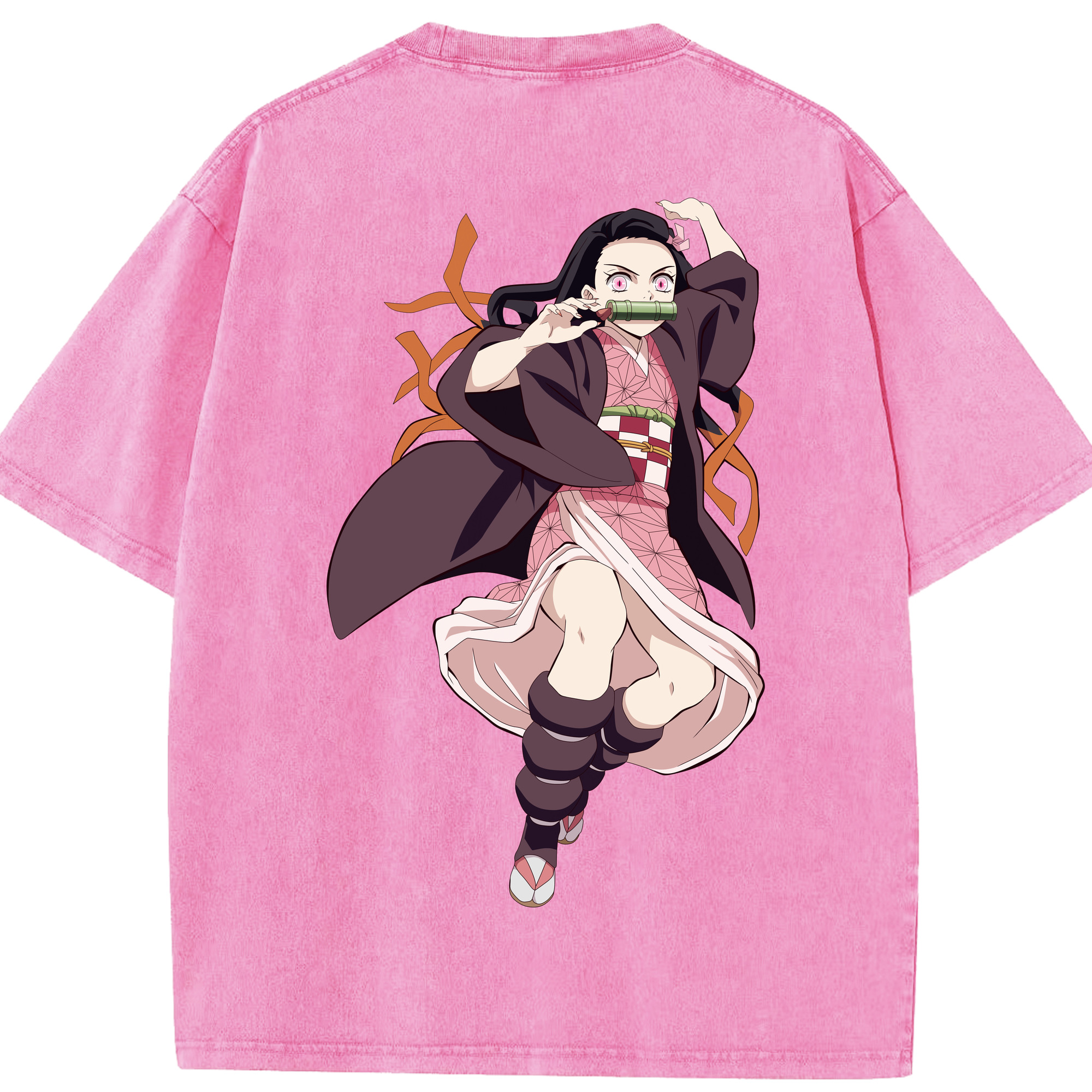 （画像用） 鬼滅の刃（きめつのやいば）竈門 禰󠄀豆子／かまど ねずこ Kamado Nezuko 綿100% ヴィンテージ風 半袖Tシャツ（背面プリント）